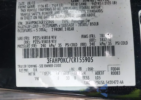 2012 Ford Fusion Sport from USA, damaged, VIN 3FAHP0KC7CR155905